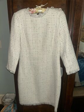 Eliza J Ivory Tweed Long Sleeve Shift Dress